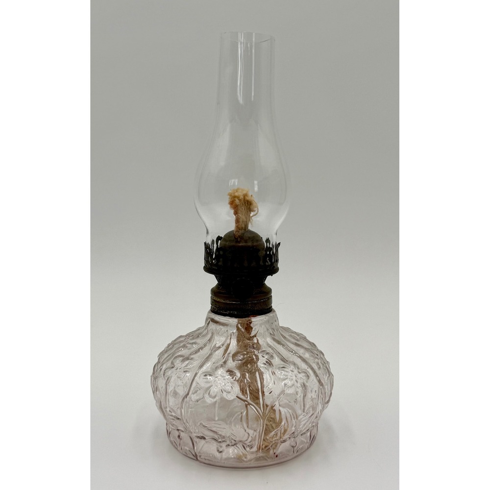 Vintage Miniature Clear Pressed Glass Floral Oil Lamp with Chimney 8.5"